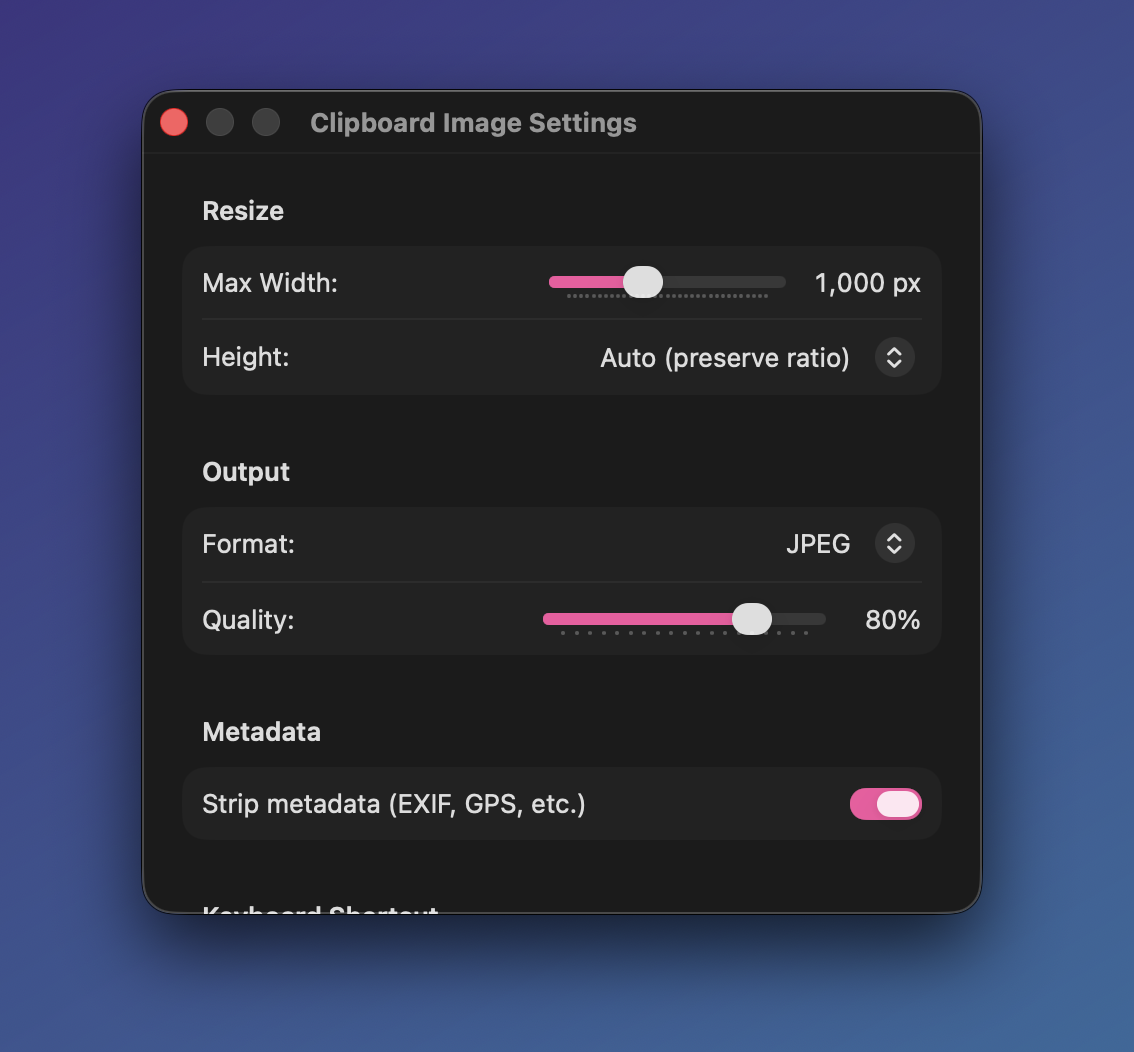 Clipboard Image Settings window